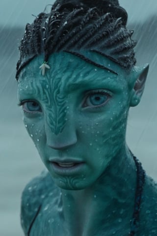 Beautiful na’vi, ((Troye Sivan)), male, 1male, teal green skin, skin texture, tattoo, braided hair, face closeup, freckles, angry, jewelry, ((rainy beach:background)), movie scene, detailed, hdr, high quality, movie still, ADD MORE DETAIL
