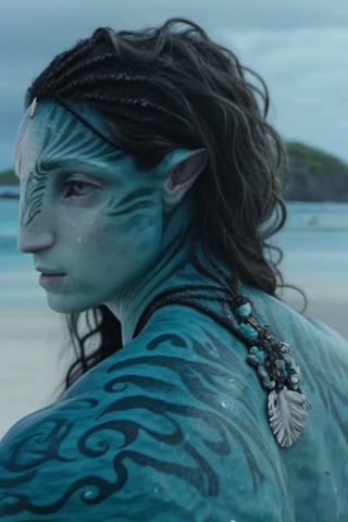 Beautiful na’vi,((Timothee Chalamet)), tattoo, closeup, male, aqua skin, skin texture, long hair, freckles, jewelry, ((gloomy beach:background)), movie scene, detailed, hdr, high quality, movie still, ADD MORE DETAIL