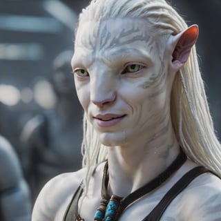 An albino Na'vi, male, smiling, ((white_skin)), ((albinism)), ((white_hair)), pale (barely visible) stripes, white color palette, beautiful na'vi, action scene, portrait view, realistic_eyes, hyper_realistic, extreme details, HDR, 4k quality, perfect quality, perfect image, HD quality, movie scene,Read description,ADD MORE DETAIL