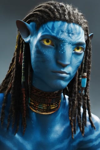 Na’vi, Avatar, dreads, white blank background, alien, jewlrey, portrait, lots of details, pale yellow eyes, blue skin, 4k, 8k, freckles, close up, AVATAR-OME