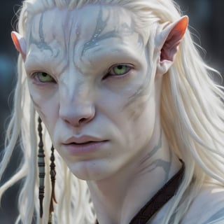An albino Na'vi, male, ((white_skin)), ((albinism)), ((white_hair)), pale (barely visible) stripes, white color palette, beautiful na'vi, action scene, portrait view, realistic_eyes, hyper_realistic, extreme details, HDR, 4k quality, perfect quality, perfect image, HD quality, movie scene,Read description,ADD MORE DETAIL