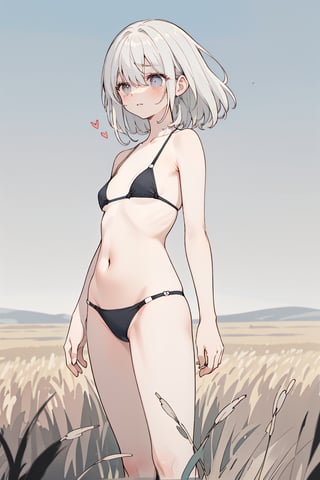 A small woman stands alone in a field, wearing a tiny bikini. The atmosphere is one of sadness and desolation, yet the woman radiates a light of life from her perfect body. Her skin is glowing with a golden hue, her hair is flowing in the wind, and her eyes are filled with a deep sadness. The field around her is barren and dry, with cracked earth and withered grass. The sky above is a dull grey, reflecting the emptiness of her heart.  **

**Please use a painterly style with soft, muted colors. Focus on capturing the contrast between the woman's beauty and the bleakness of her surroundings.  The woman should be the focal point of the image, with the field serving as a backdrop for her emotional state.  **

**I would like the image to be highly detailed and realistic, with a sense of depth and perspective.**