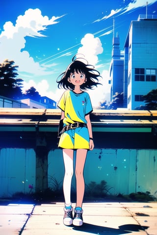 1girl, solo, looking at viewer, short hair, open mouth, bangs, black hair, brown eyes, standing, full body, short sleeves, outdoors, sky, shoes, day, belt, cloud, blue sky, bare legs, shadow, white footwear, building, sneakers,midjourney,90s