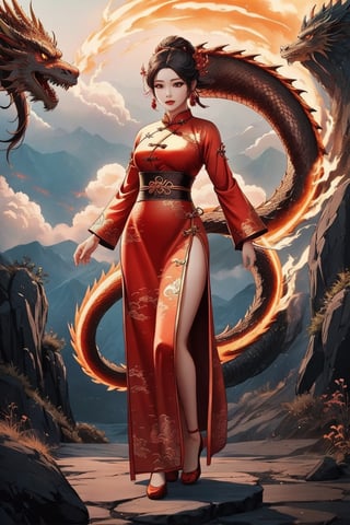 dragon-themed, dragon scale, detailed woman dressed, comic style, complex background, chinese element, cloud, full body:1.1