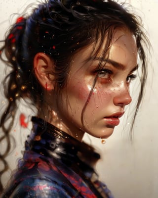 (masterpiece, realistic:1.5), 1girl,solo,looking at viewer,simple background,black hair,brown eyes,jewelry,earrings,parted lips,from side,lips,wet,eyelashes,profile,portrait,freckles,blood on face,realistic,nose,red lips,wet hair