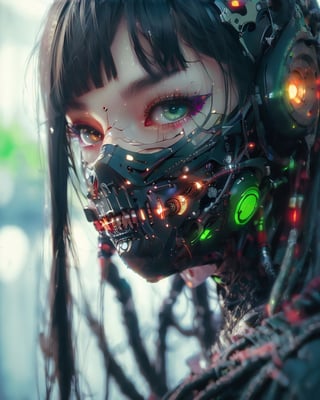 (masterpiece, realistic:1.5), 1girl,solo,long hair,looking at viewer,bangs,black hair,green eyes,blurry,eyelashes,makeup,mask,depth of field,portrait,close-up,eyeshadow,science fiction,mouth mask,android,cable,cyborg,cyberpunk,mechanical parts
