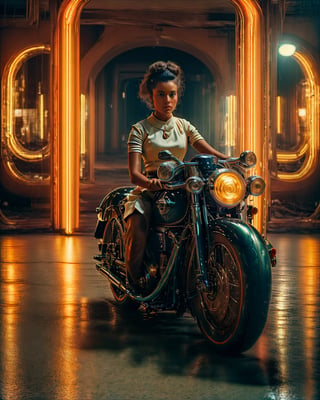 (ultra high res,photorealistic,realistic,best quality,photo-realistic),(8k, raw photo, best quality, masterpiece),1girl,solo,black hair,dress,dark skin,hair bun,dark-skinned female,ground vehicle,motor vehicle,reflection,motorcycle