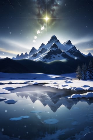 {{{masterpiece}}}, {{the best quality, super fine illustrations, beautiful and delicate water}}, {{very delicate light}}, {{nature, painting}}, {{fine lighting, more transparent stars, high-quality snowflakes, high-quality mountains, very fine 8KCG wallpapers}}, (plateau), (((snow mountain))), sunrise, randomly distributed clouds, (snow field), cliff, ((rotating star sky)), ((lake in mountain stream)), luminous particles