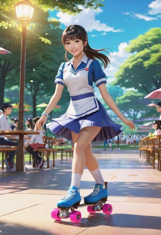 Ultra realistic, masterpiece Anime Artwork, Asian waitress, roller skating, in park, realistic, key visual, vibrant, ambient lighting, highly detailed