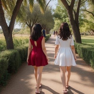 Ultra realistic, masterpiece, hd, complex_background, (two young girls )walking away from the viewer. Both girls have colorful dresses, the girls are barefooted and (carrying their shoes) as the walk on a tree lined path, (one girl is brunette and wearing a red dress, the other girl is blond and wearing a yellow dress),  the colors in their dresses is accentuated by bright sunshine shining on their backs as they walk away making the dresses semi transparent 