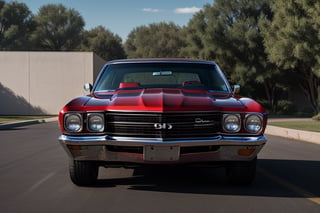 Ultra realistic, masterpiece, hd, complex_background, 1969 Chevrolet Chevelle, red, mag wheels, lifted rearend, tinted windows,  photo shoot, outdoor lighting, ,photorealistic,  background reflections in paint