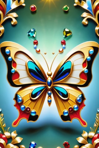 Hd, complex_background, masterpiece, golden butterfly covered in various precious stones to complete complex patterns,