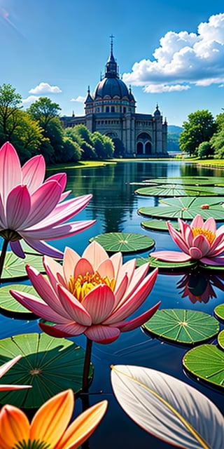 (extremely detailed CG unity 8k wallpaper),(((masterpiece))), (((best quality))), ((ultra-detailed)), (best illustration),(best shadow), ((an extremely delicate and beautiful)),dynamic angle, close-up of a small house by the lake, beautiful sunny summer day, water lilies in the lake blooming, lush plants, sunlight shining through the white clouds, bold colors, fairy tale, fantasy,wind,classic, (detailed light),feather, nature, (sunlight),beautiful and delicate water,(painting),(sketch),(bloom),(shine), high resolution, high contrast ratio, high detail, high texture, texture surreal high quality figure, ultra high quality, golden ratio,ayaka_genshin