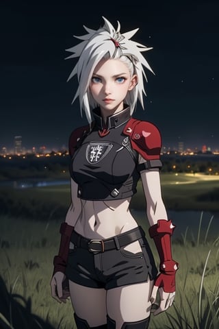 Anime Fma Style,anime screenshot,1 girl,Short and spiky punk hair,White hair, pale skin,red eyes,((Well detailed eyes)),white crop top ,black shorts ,black boots ,Night Landscape,City Landscape,city behind her,fireflies,grass,8k,Very detailed,extremely detailed