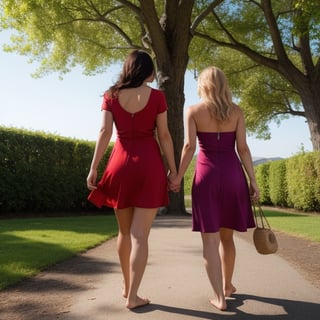 Ultra realistic, masterpiece, hd, complex_background, two young girls walking away from the viewer. Both girls have colorful dresses, the girls are barefooted and carrying their shoes as the walk on a tree lined path, (one girl is brunette and wearing a red dress, the other girl is blond and wearing a yellow dress),  the colors in their dresses is accentuated by bright sunshine shining on their backs as they walk away