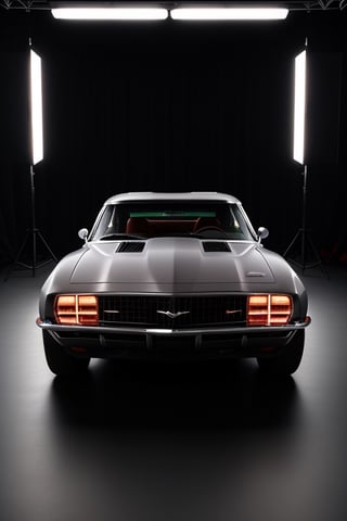 Ultra realistic, masterpiece, hd, complex_background, 1970 Z28 Camero, slate gray, crager rims, tinted windows,  photo shoot, studio lighting, ,photorealistic