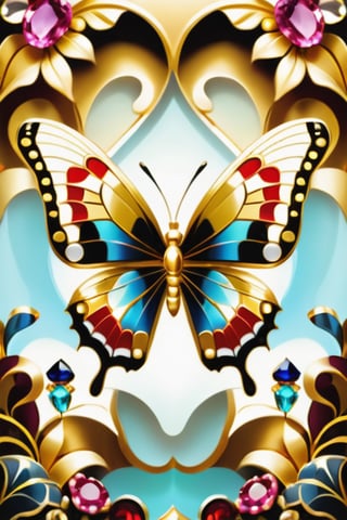 Hd, complex_background, masterpiece, golden butterfly covered in various precious stones to complete complex patterns,
