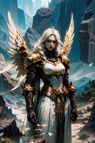 high quality, higher details, masterpiece, beautiful, 4k, 8k, epic ((full shot)), a pained angel standing with his back to the camera with white clothes and golden hair on a hill of rocks looking into the distance at the landscape of mountains and vegetation. Her wings are almost completely open and are white, the angel is a woman and her face cannot be seen.
,nodf_lora,SharpEyess,Angel,wrenchsmechs