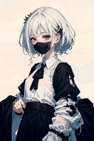 high quality, high detail, masterpiece, beautiful, (entire plane), 1 girl, white hair, ZGirl, dark clothes whit  dark feather details, eyes covered with a cloth dark,  

