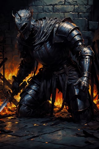 high quality, higher details, masterpiece, beautiful, 4k, 8k, epic (full shot plane), medieval knight with demonic features, heavy metal armor, tense, dramatic scene, muscle, detailed armor, lots of detail, high quality, lots of lighting,grabing sword, sword, fire, swords in floor 