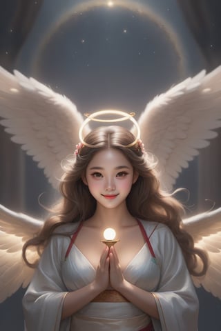 An angel ,smiling,Bambi eyes,flat_chested,open eyes,frontal view,half body diagram,holding the light in hand,real person,looking ahead,ral-chrcrts,fair skin,round and plump face ,Hanbok,light gauze robe