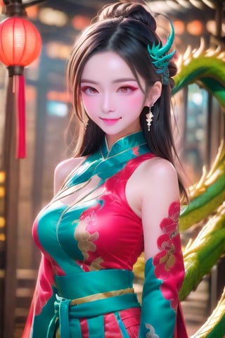 1girl, looking at viewer, smile, black hair, hair accessory, long sleeves, brown eyes, jewelry, closed mouth, upper body, flower, earrings, red hanfu, wide sleeves, , bun, dark eyes, bracelet, belt, antique Architectural background, coiled dragon pillars, facial markings, Hanfu, folding hands of oneself, forehead markings, hairpins, bun, HD 4K,qipaohafu,Oiran,Daughter of Dragon God