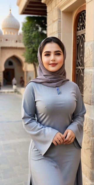 High quality, 8K quality, 1 girl 22 yo, wearing grey abaya gown,  head covering with grey Hijab, busty girl, 24yo, hourglass body shape, elegant look, beautiful face, beautiful light grey eyes, arabian girl, full_body, smile, standing at side walk of street, more detail XL,photo r3al,Cute Face