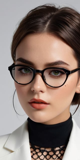 Here's a high-quality, coherent prompt for a 3D rendering work in the style of 3DMM:

Render a masterpiece close-up sportrait of a brunette girl with long hair (3.2) wearing glasses and a solo white suit (1.2) against a simple white background. She looks away from the camera, her separated lips slightly pursed, green eyes sparkling. Her short hair is styled to frame her heart-shaped face, and she wears a choker necklace adorned with gothic-inspired jewelry. A freckle dots her left cheekbone. In this moment, she's focused on applying makeup, her hands moving deftly as she works.,Hot Body,more detail XL