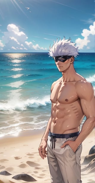 Satoru Gojo stands tall on the sandy shores of Beach, White hairs, his iconic white blindfold fluttering in the ocean breeze as he surveys the horizon, his presence radiating calm and confidence amidst the vibrant beach scene.,gojou satoru,Man,Male