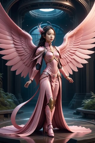 (((iconic,futuristic-sci-fi but extremely beautiful),  pea pink)
(((intricate details, masterpiece, best quality)))
(((Wide angle, full body shot, profile view)))
(((dynamic pose, looking at viewer))) 
Chinese girl,1girl,Seraphim