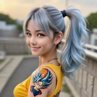 Upper body shot of a 1girl with long, light blue hair in a short ponytail, grey eyes, and plump features, smiling at the viewer. She has a beautiful, detailed tattoo on her arm depicting an anime girl wearing a Dragon Ball comic t-shirt. Her oil-shiny skin and big boobs create a realistic, dynamic, and sexy pose from above. The scene is set during sunset, with perfect anatomy and chiseled features, showcasing a 9 head body length and an artistic pose.