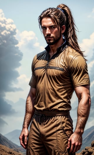 solo,26 yo man, long hair, simple background, brown hair, 1boy, athlete body, upper body, ponytail, male focus, facial hair, beard, standing at tarrace, ,Man,Extremely Realistic
