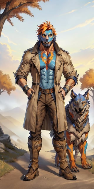 Nebur Belmont, masterpiece, ultra-detailed animal anthropomorphism, handsome wolf pirate with orange hair and blue face paint, wearing a trench coat, standing on a plain by an oak tree with a beautiful sunrise background. High-quality, single focus, full-body, intricate high detail, 8k UHD. Glowing power aura, dynamic pose, close-up of muscular werewolf, minotaur wolf, berserker portrait trending on ArtStation. Commission for extremely detailed Anthro art, Sylas, Gnoll, furry fantasy art, full art view, SFBalrog, Vane (Granblue Fantasy), Sucrose (Genshin Impact).