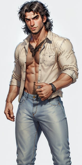 Male realistic character, full-body Latino with big eyes, brown skin, slim build, bushy eyebrows, wavy black hair, Greek nose, dressed in modern clothes: light blue jeans and white shirt, showcasing various poses.