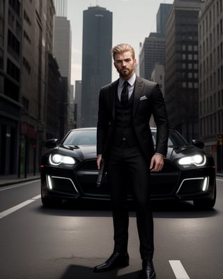 Full body image, Long Hair, hazel blond eyes, small beard.,Portrait, athletic, holding gun, Wearing Black Suit, Aggressive gangster look, looking_at_viewers, standing on road With a dull black skyline car,