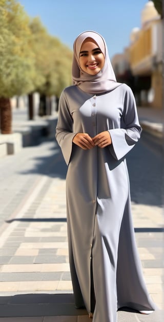 High quality, 8K quality, 1 girl 22 yo, wearing grey abaya gown,  head covering with grey Hijab, busty girl, 24yo, hourglass body shape, elegant look, beautiful face, beautiful light grey eyes, arabian girl, full_body, smile, standing at side walk of street, more detail XL,photo r3al,Cute Face,Hot Body,Smile,Cute Girl,Sexy Girl