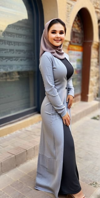 High quality, 8K quality, 1 girl 22 yo, wearing grey abaya gown,  head covering with grey Hijab, busty girl, 24yo, hourglass body shape, elegant look, beautiful face, beautiful light grey eyes, arabian girl, full_body, smile, standing at side walk of street, more detail XL,photo r3al,Cute Face,Hot Body