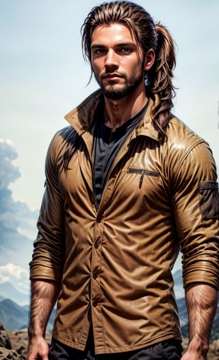 solo,26 yo man, long hair, simple background, brown hair, 1boy, athlete body, upper body, ponytail, male focus, facial hair, beard, standing at tarrace, ,Man,Extremely Realistic