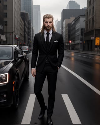 Full body image, Long Hair, hazel blond eyes, small beard.,Portrait, athletic, Wearing Black Suit, Aggressive gangster look, looking_at_viewers, standing on road With a dull black skyline car,