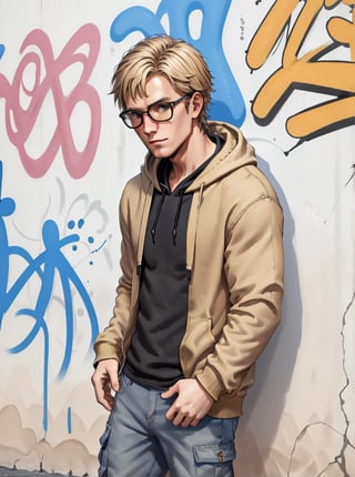 Mater Piece, High Quality image, Front View image, Short Hair, hazel blond Hair. Hazel eyes, small beard, public view Man, Straight down arm and hands, Black Assassin Hoodie and Blue Cargo Jeans, standing in the street in front of Graffiti wall,Detailedface,Man,Portrait