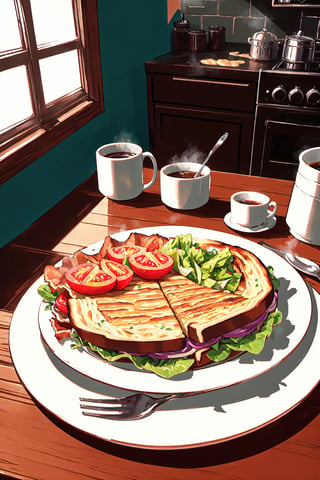 a plate of warm panini breakfast, golden crust with melty cheese oozing out, crispy bacon strips peeking through, fresh lettuce and juicy tomatoes, served on a rustic wooden table with a steaming cup of coffee, morning sunlight casting soft shadows, cozy kitchen setting with vintage ceramic plates and cups, captured in a warm and inviting atmosphere, in a realistic photographic style with a Canon EOS 5D Mark IV camera, 24-70mm lens, overhead shot focusing on the textures and colors of the panini. 