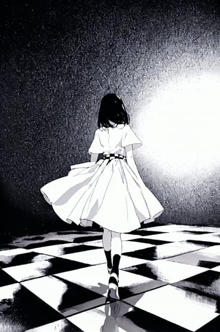 A girl in a white dress, walking on a black and white checkered floor with reflective light patterns, against a simple black and white patterned background. High-quality photo of a cute girl walking on a black and white checkered floor, adding a touch of color contrast to the monochromatic setting. Perfect for projects that require a blend of elegance and playfulness.