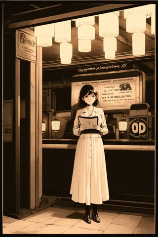 a woman leaning against a wall at a train station, holding a handwritten letter close to her chest, standing under dimly lit lanterns, surrounded by vintage suitcases and old travel posters, in a mysterious and nostalgic ambiance, 