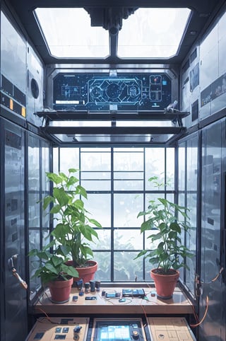 International Space Station interior with astronauts conducting experiments, futuristic technology and equipment floating weightlessly, control panels with blinking lights, plants growing in a small greenhouse, Earth visible through a porthole window, a floating pen and notebook, captured in a detailed and immersive style to showcase the intricacies of life in space.,free style