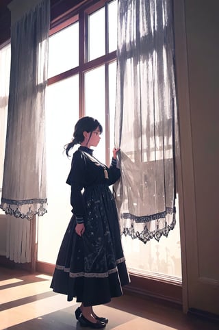 a girl standing by, A string of star-shaped bead curtains hanging by the window, casting playful patterns of light and shadow into the room. Soft sunlight filtering through the beads, creating a whimsical and enchanting atmosphere.,ink