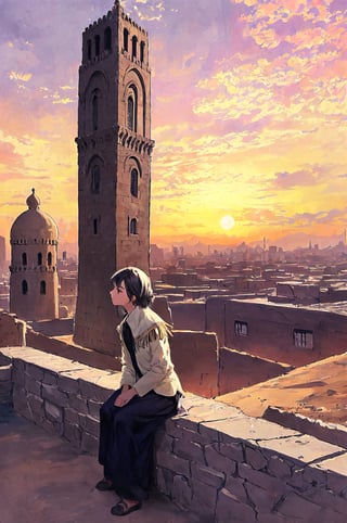 a girl in Yemen, sitting on a weathered stone bench overlooking the ancient city of Shibam, known as the “Manhattan of the Desert”, towering mud skyscrapers rising against the backdrop of a breathtaking sunset sky, intricate carvings and decorative motifs adorning the historical buildings, a soft breeze carrying the scent of frankincense and myrrh, captured artistically in a detailed pencil sketch, highlighting the girl’s contemplative expression and the timeless beauty of Yemen’s architectural heritage