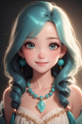 A close-up shot of a curious young girl's hands as she carefully slips a vibrant turquoise beaded necklace over her head. Soft, warm lighting illuminates the beads' iridescent sheen, with a shallow depth of field blurring the background. The girl's face is lit from above, highlighting her bright smile and sparkling eyes.