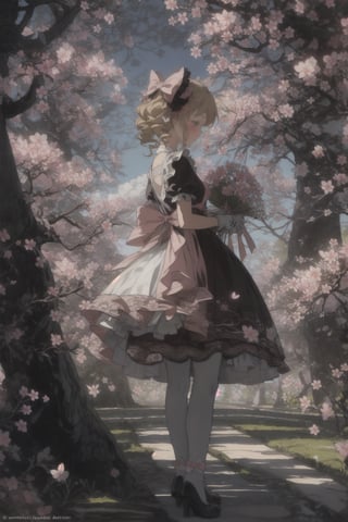 girl in lolita, dressed in a pastel pink frilly dress, wearing lace gloves, holding a sunshade with intricate floral design, curly blonde hair adorned with bows, standing in a blooming cherry blossom garden, surrounded by fluttering butterflies, soft sunlight filtering through the trees, creating a dreamy and ethereal atmosphere, painted in soft watercolor strokes.,DArt