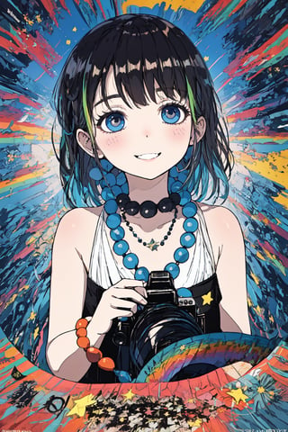A young girl with a bright smile and curious eyes stands in front of a vibrant, hand-painted mural, her dark hair messy from play. She holds the colorful beaded necklace up to the sunlight, the beads refracting into tiny rainbows. As she slides it over her head, the camera zooms in on the delicate curve of her neck, the beads glinting like tiny stars.,DArt