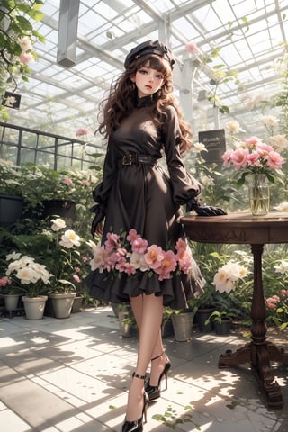 1girl, solo, long hair, bangs, blue eyes, simple background, brown hair, gloves, long sleeves, hat, dress, holding, jewelry, closed mouth, standing, full body, flower, earrings, puffy sleeves, black footwear, black dress, high heels, black headwear, table, plant, peaked cap, pink flower, paper, brown headwear, brown dress, vase, quill,